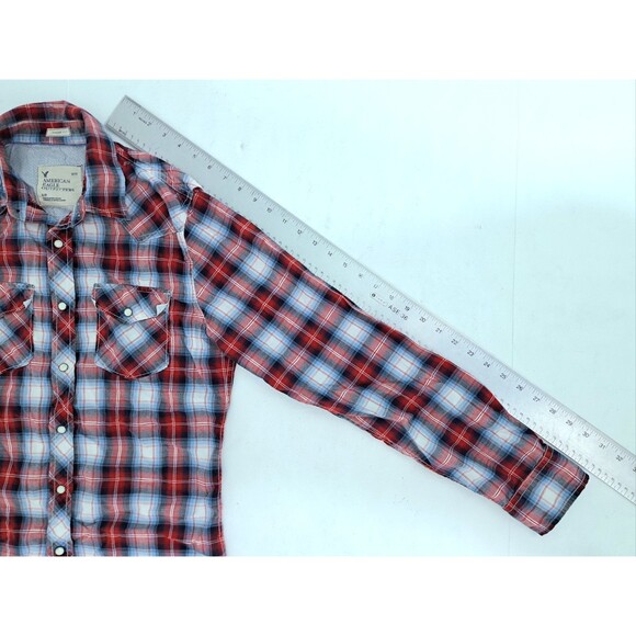 American Eagle Shirt Mens Small Red Blue Plaid Pearl Snap Western Vintage Fit AE - Picture 10 of 10